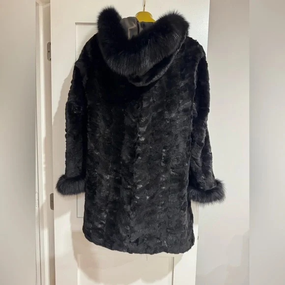 MACY’S FUR VAULT REVERSIBLE REAL MINK FOX COAT FUR SIZE L LARGE HOOD - Picture 5 of 16